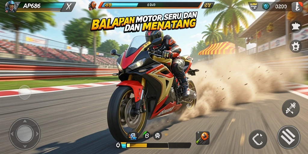 Tampilan gameplay seru balapan motor dengan grafis tinggi.