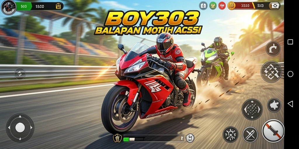Screenshot gameplay BOY303 menampilkan aksi balapan motor yang mendebarkan.