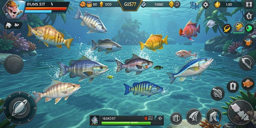 Screenshot gameplay GUS77 menampilkan aksi menembak ikan yang seru.