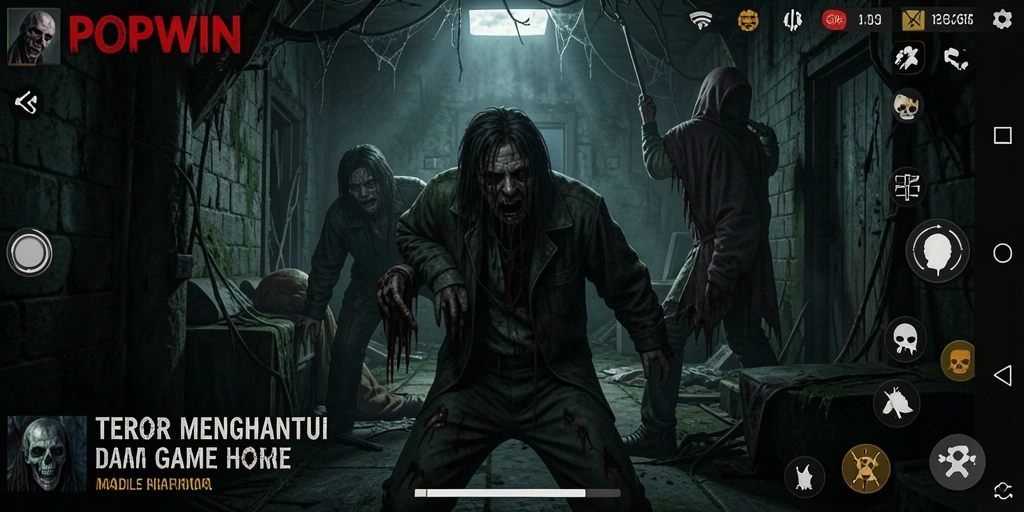 Screenshot gameplay menunjukkan suasana seram dalam game POPWIN.
