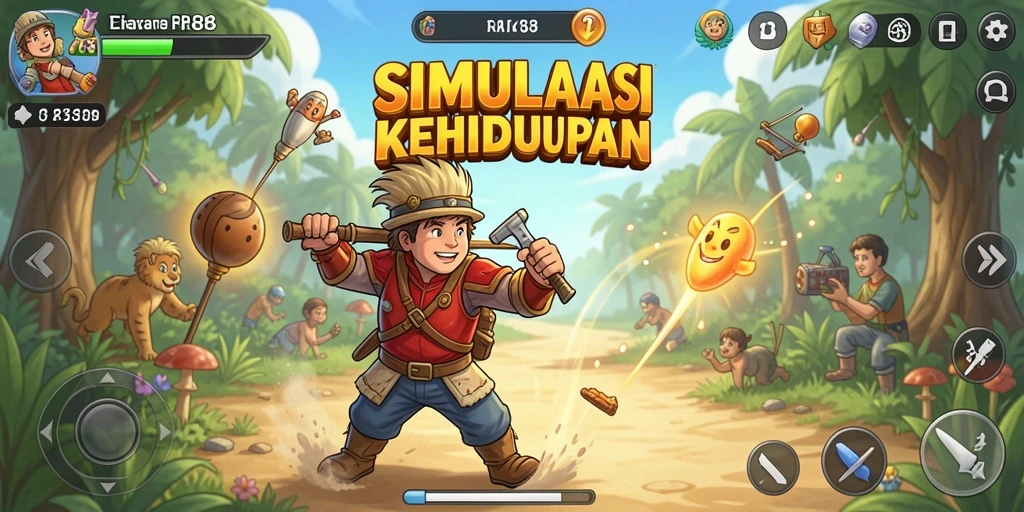 Screenshot gameplay RK88 menampilkan interaksi karakter dalam simulasi kehidupan.