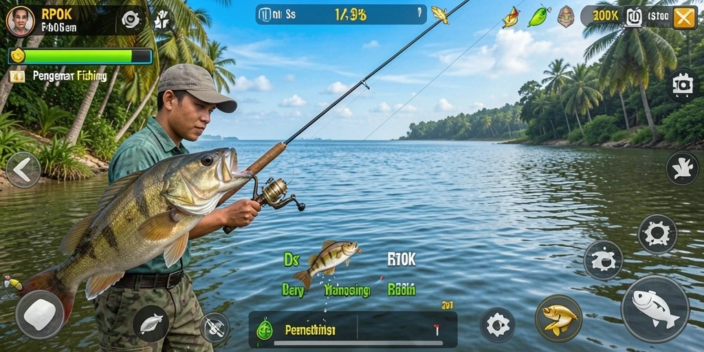 Gameplay RPOK yang menampilkan suasana memancing yang menakjubkan.