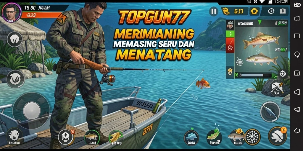 Tampilan gameplay memancing seru di TOPGUN77 dengan banyak pilihan ikan.